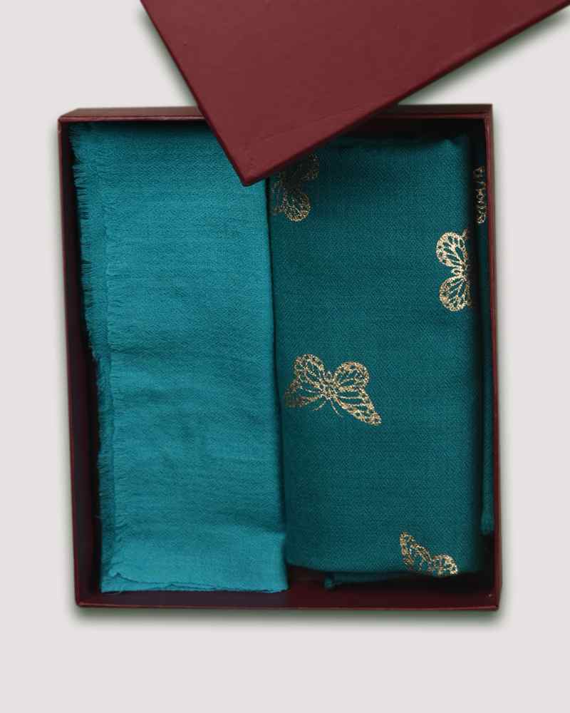 Turquoise Fine Wool Foil Print Stole & Turquoise Fine Wool Diamond Weave Muffler Combo